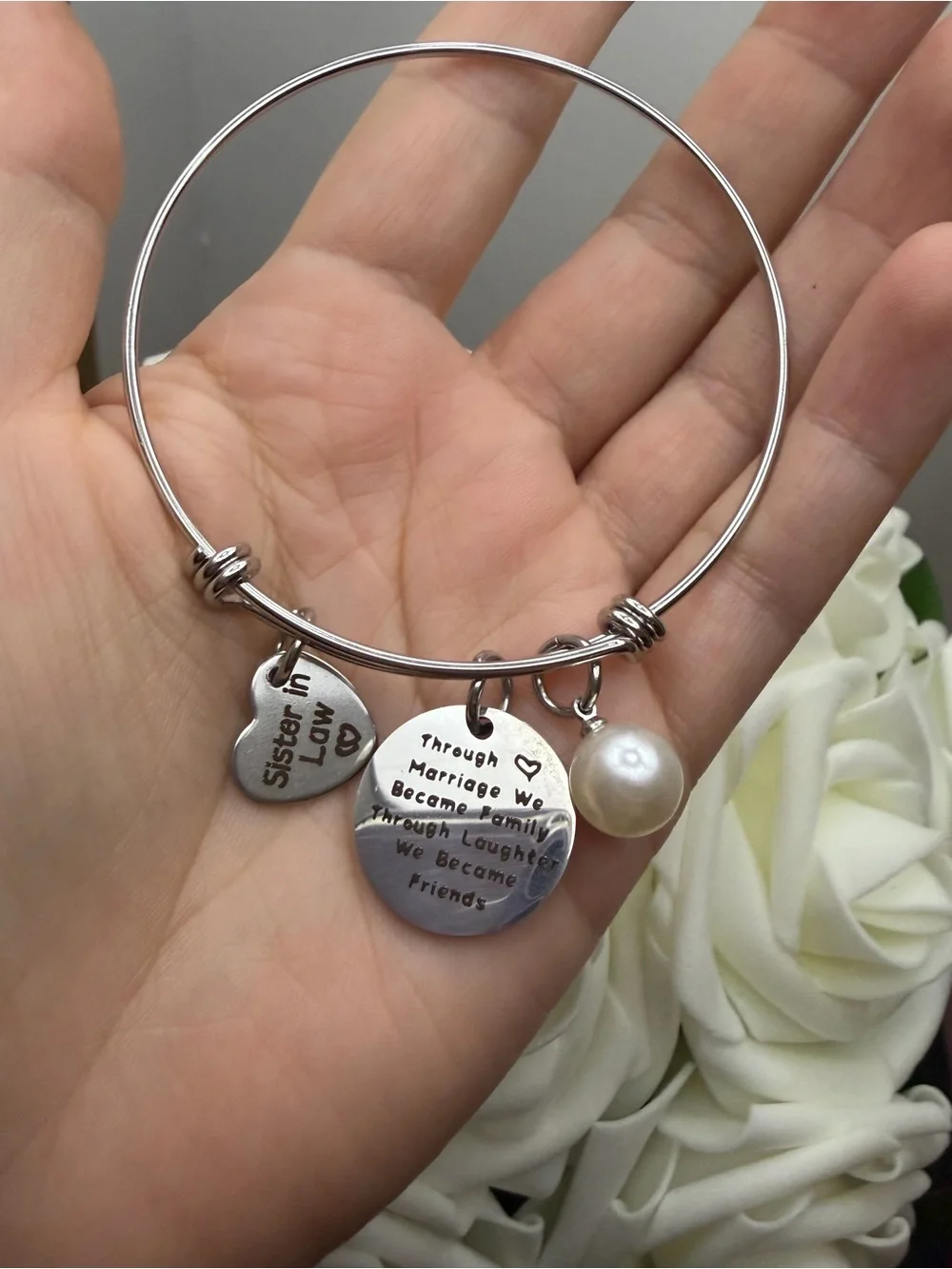 Silver Charm Bangle Bracelet with Pearl - Sister Love